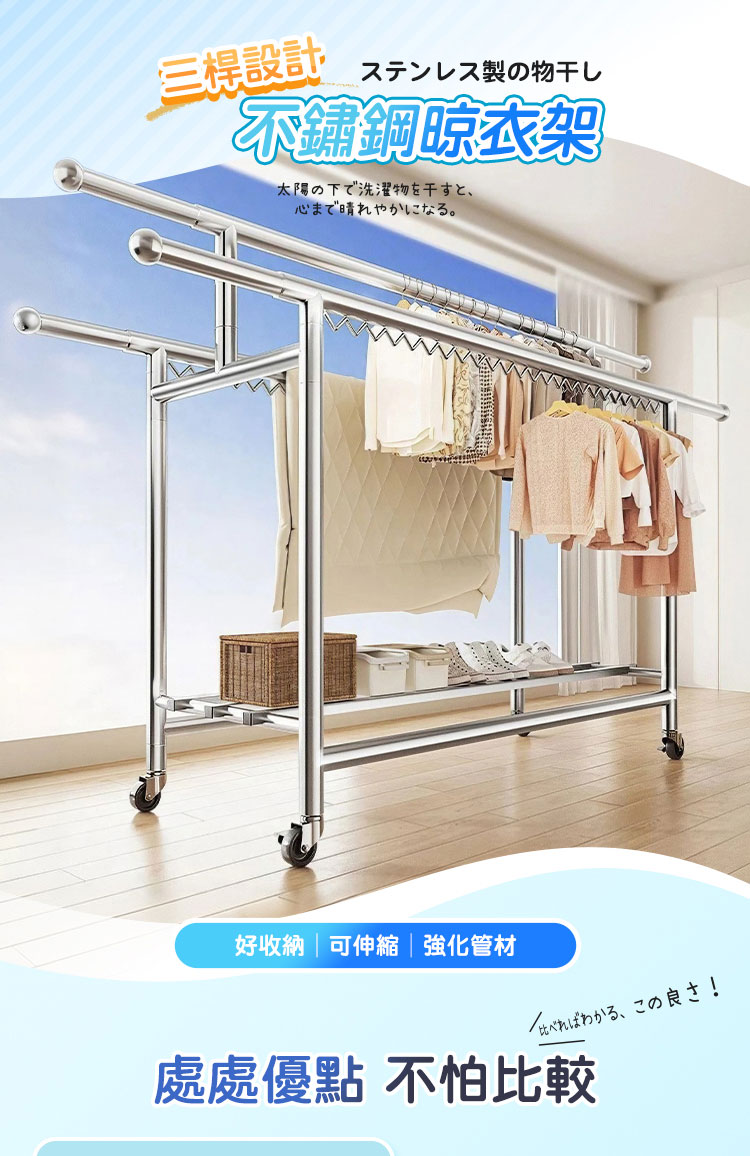 2 米不鏽鋼三桿衣架 商品詳情 1